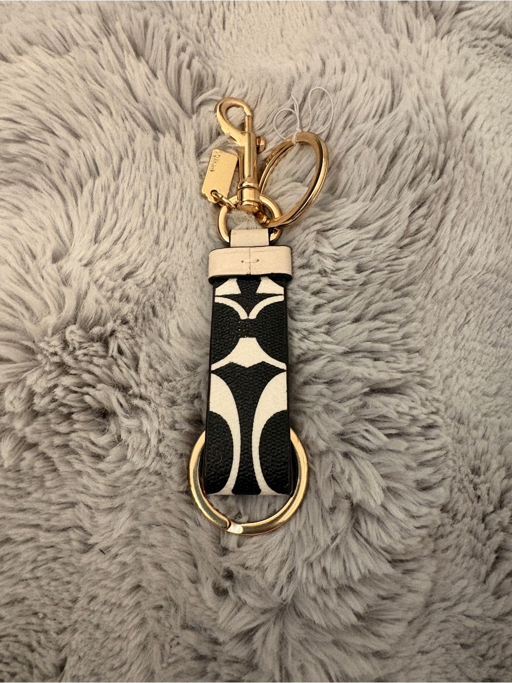 Coach Black & White Signature Leather Key Ring with Gold Hardware